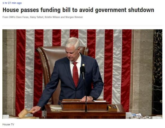美国众议院通过临时支出法案 以避免政府关门