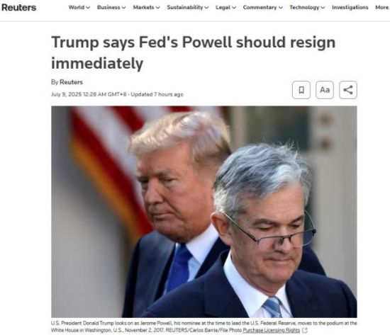 特朗普再次催促美联储主席立即辞职