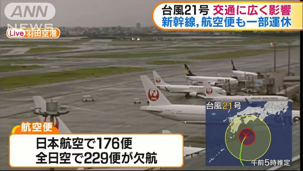 吓人!台风横扫日本汽车两轮漂移 机场直接变港口