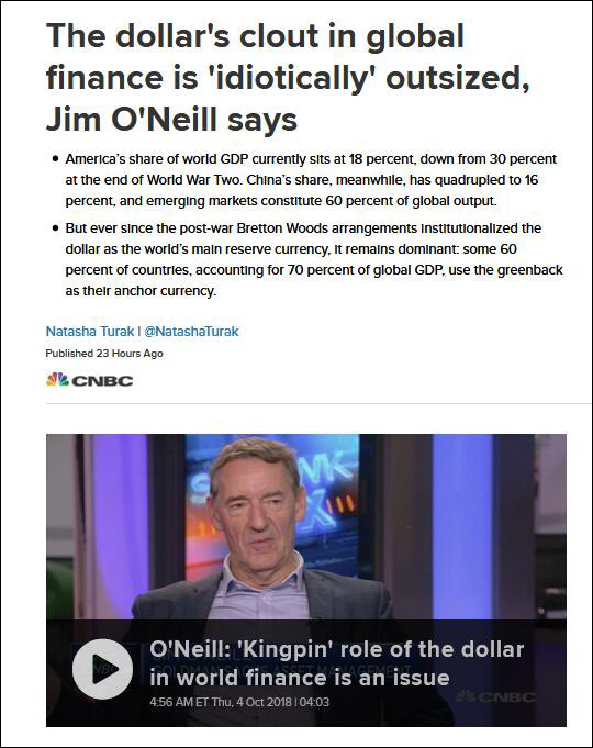 金砖之父：美国经济占全球比重 美元霸权盛名难副