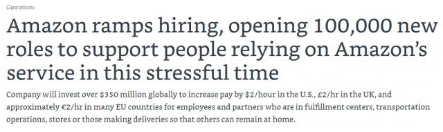 疫情期间爆单  亚马逊砸3.5亿 薪急招10万人