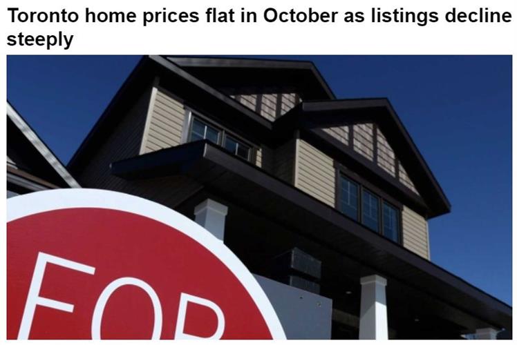 挂牌量急剧下降，多伦多房价10月份持平