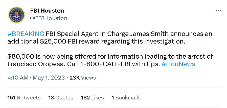 FBI悬赏征求关于凶手的线索。