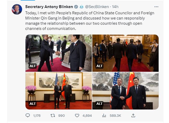 布林肯Twitter发文谈北京行 “讨论如何负责任地管理两国关系”