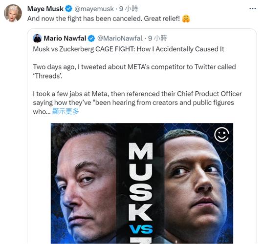 马斯克的母亲梅耶马斯克对儿子的格斗比赛取消，感松一口气。