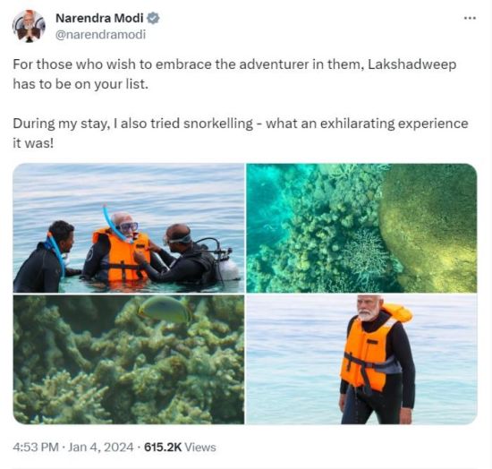印度总理莫迪晒浮潜照片 感慨“纯粹的幸福时刻”